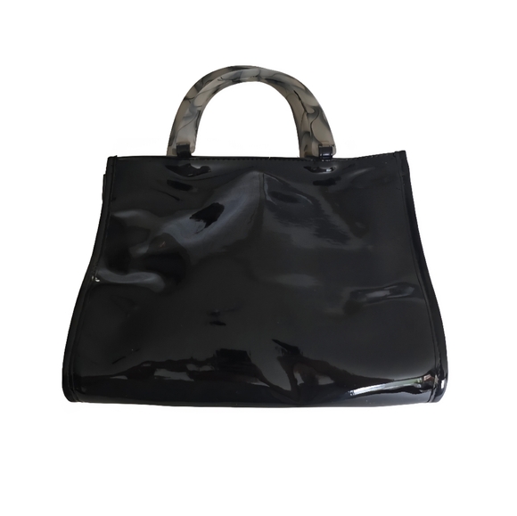 Neiman Marcus VINTAGE Purse Black Patent Vinyl Lucite Double Handle Tote Bag - Picture 2 of 11